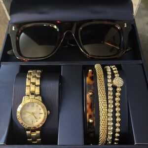 Accessory Gift Set Tortoise Sunglasses Goldtone Watch Bracelets Decorative Box